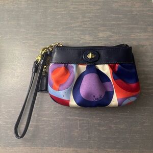 Coach Wristlet — Multicolor Satin & Navy Leather Turnlock Pouch